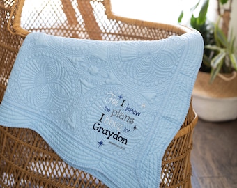 Embroidered Baby Quilt for Boys, Baby Blanket with Scripture, Bible Verse Baby Gift, Personalized Baby Quilt, Jeremiah 29 11 Baby Gift