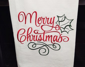 Merry Christmas Towel, Embroidered Holiday Towel, Christmas Towel, Holiday Flour Sack Towel, Christmas Tea Towel,