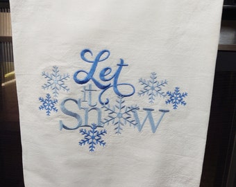 Let it Snow, Valentines Day Gift, Snowflake Embroidery, Snow Scene, Kitchen Dish Towel, Hostess Gift, Cotton Towels, Embroidered Dish Cloth