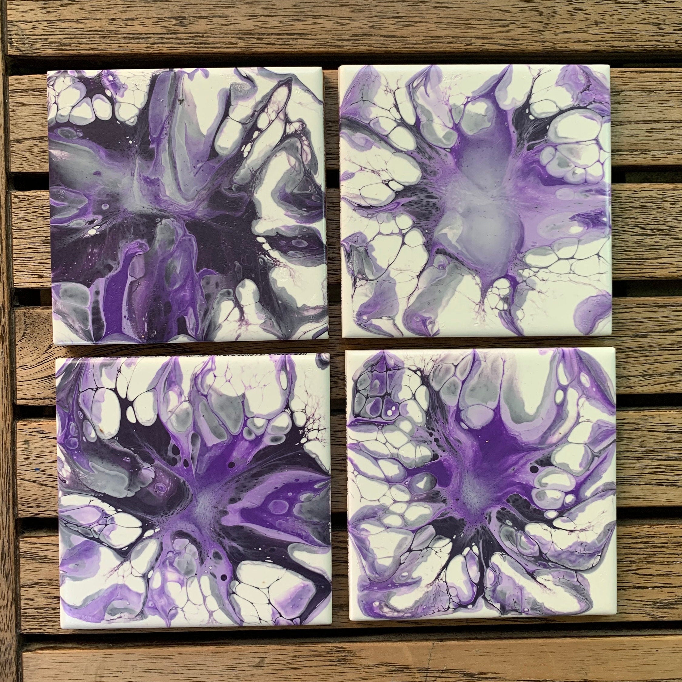 Original Purple Dutch Acrylic Pour Ceramic Tile Coasters 1 Etsy