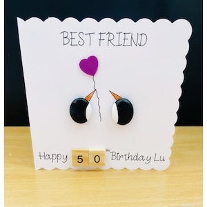 Best friend 50th birthday penguin hand painted personalised card pebble with scrabble age valentines card any occasions