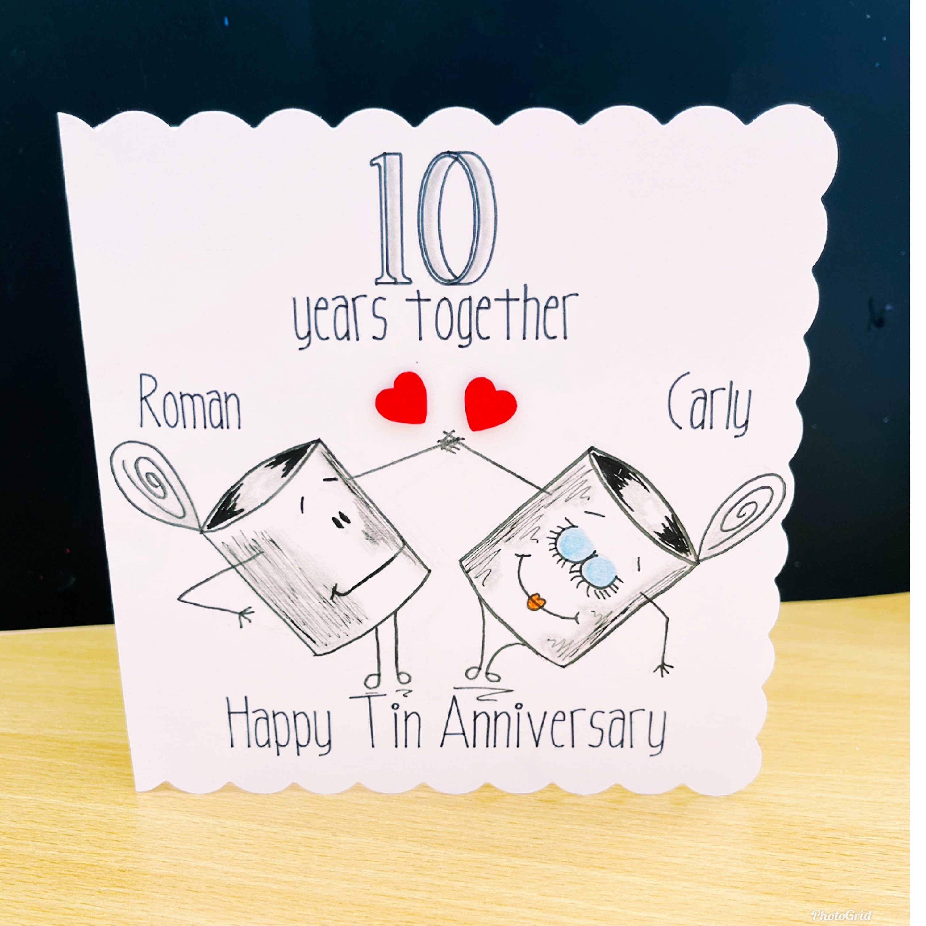 Anniversary Card 10 Years 'tin' Personalised, Bespoke, Hand Drawn