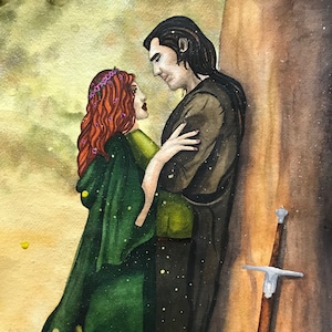 Reunited original painting watercolour A3 one of a kind art decor medieval fantasy lovers romantic sword