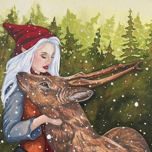 Arte original Santa elf rena festiva pintura em aquarela caprichosa cartão de Natal A5