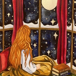 Obra de arte original escena de invierno asiento de la ventana leyendo pintura de acuarela caprichosa helada Tarjeta de felicitación A5