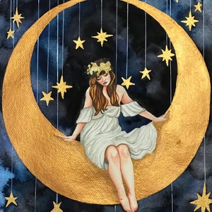 Obra de arte original La chica en la luna caprichosa pintura de acuarela Tarjeta de felicitación A5