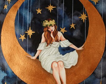 The Girl in the Moon - A4 print original artwork. Stars watercolour astrology whimsical wall decor painting constellations space galaxy