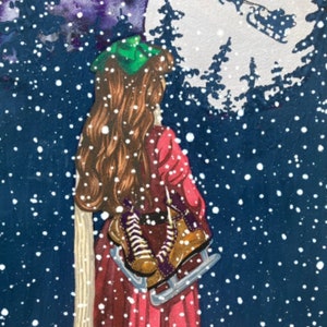 Origineel kunstwerk Sneeuwscène wandelend in een winterwonderland cottagecore feestelijke grillige aquarel kerstkaart A5