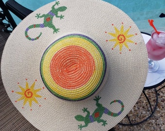 Lizard and Sun Aztec painted hat, hand painted hat, women's straw hat, panama hat, painted straw hat, painted beach hat, artisanal sun hat