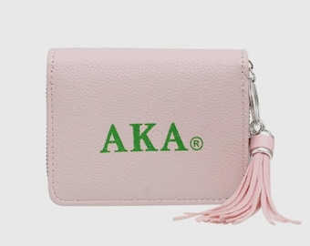 Llavero con borla rosa de la hermandad Alpha Kappa Alpha y cartera con cremallera