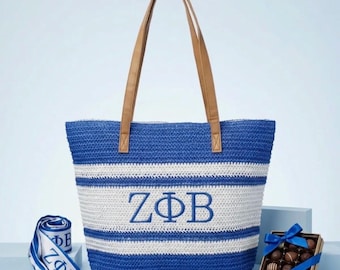 Bolso de playa azul y blanco de la hermandad Zeta Phi Beta