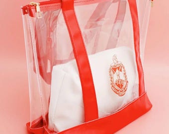 Bolso de hombro Delta Sigma Theta Sorority de piel vegana transparente, roja y blanca.