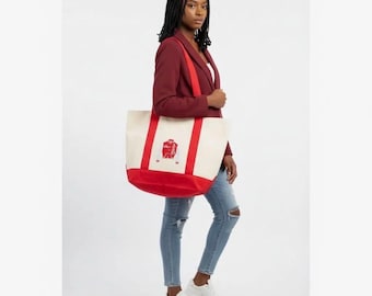 Bolsa grande de lona bordada en rojo y blanco de la hermandad Delta Sigma Theta de DST (50,8 x 15,7 x 35,5 cm)
