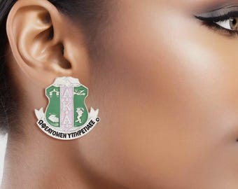 Pendientes con cresta rosa y verde de Alpha Kappa Alpha (orejas perforadas) de 3,25 x 2,8 cm