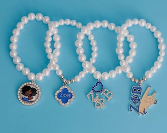 Zeta Phi Beta  Blue and White Sorority Keychain  Pearl Inspired  Charm Bracelets set of 4