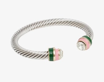 AKA Sorority Pink Green Silver Bangle Bracelet with Rhinestones (.5" Wide)