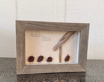 Chicken Family of 4, Sea Glass Chicken Frame, Friendship Gift, Chick Wall Art, 4 Grandkids, Gift for Mom, Farmhouse Wall Decor, Pebble Art