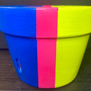 May include: A hand-painted terracotta flower pot. The pot is divided into three vertical sections, with the left side painted blue, the middle pink, and the right side yellow. The pot has a drainage hole.
