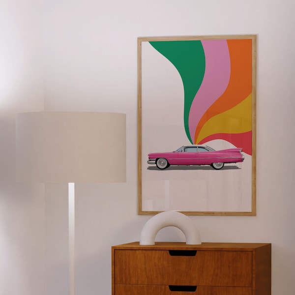 Pink Classic Cadillac Print - Affiche de voiture rétro - Décor coloré - Girly Wall Art - Voiture classique - Affiche rose - Ambiance vintage - Gros caractères