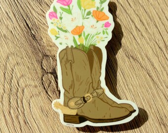 Floral Cowboy Boot Sticker – Spring Western Aesthetic, Cowgirl Vinyl Decal, Waterproof Sticker for Laptop, Water Bottle & Gifts