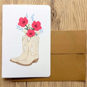 Cartão de felicitações com flores ocidentais - Botas de cowboy brancas rústicas com papoulas - Papelaria country para cowgirls