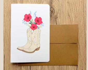 Western Floral Greeting Card - Rustic White Cowboy Boots with Poppies - Country Stationery for Cowgirls