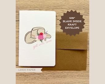 Get Well Soon Cowboy Hat Card - Western Sympathy Card - 4x6 Floral Card with Kraft Envelope - Cute Cowgirl Gift Idea