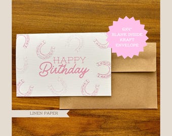 Happy Birthday Cowgirl Card - Pink Horseshoe Greeting Card - 6x4 Rustic Card with Kraft Envelope - Cute Gift for Her