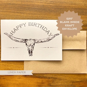 Western Geburtstagskarte - Cowboy Longhorn Karte - 15x10 Braune Karte mit Kraft Umschlag - Rustikales Geschenk für Ihn