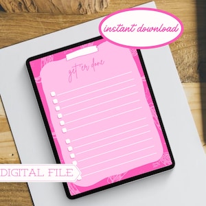 May include: Pink digital printable checklist with the text "get 'er done" and white floral designs.