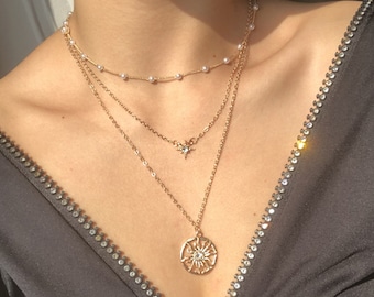 Pearl Sun Star Astronomy Multi-Layer Necklace | Gold Layers Pearl Necklace | Layered sun Necklace Set | 3 Layer | Star Necklace | Solar