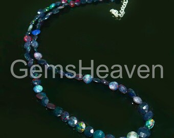 オパールビーズネックレス ファセット加工エチオピア産オパールコインビーズネックレス：ブルー