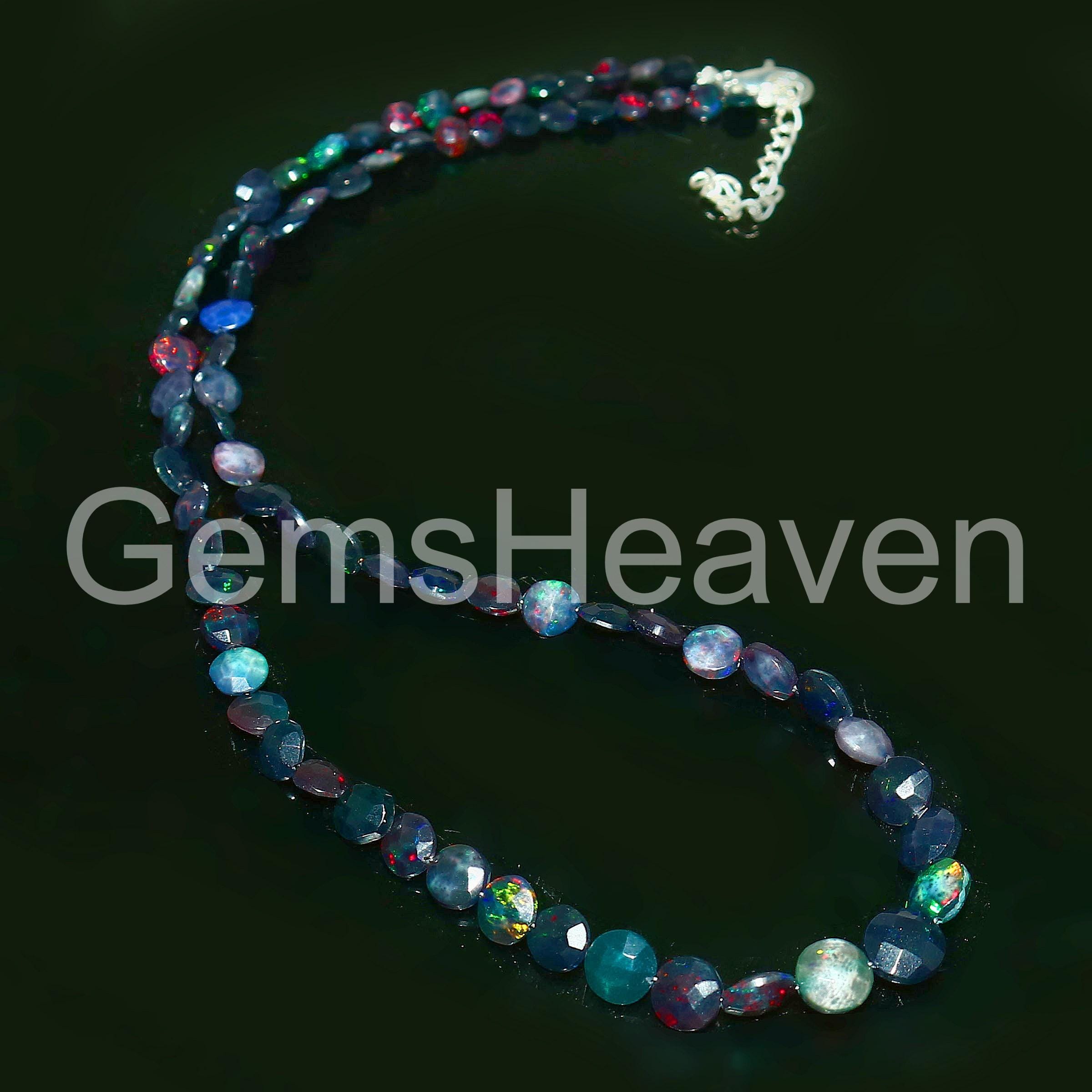 ファセット加工エチオピア産オパールコインビーズネックレス：ブルー