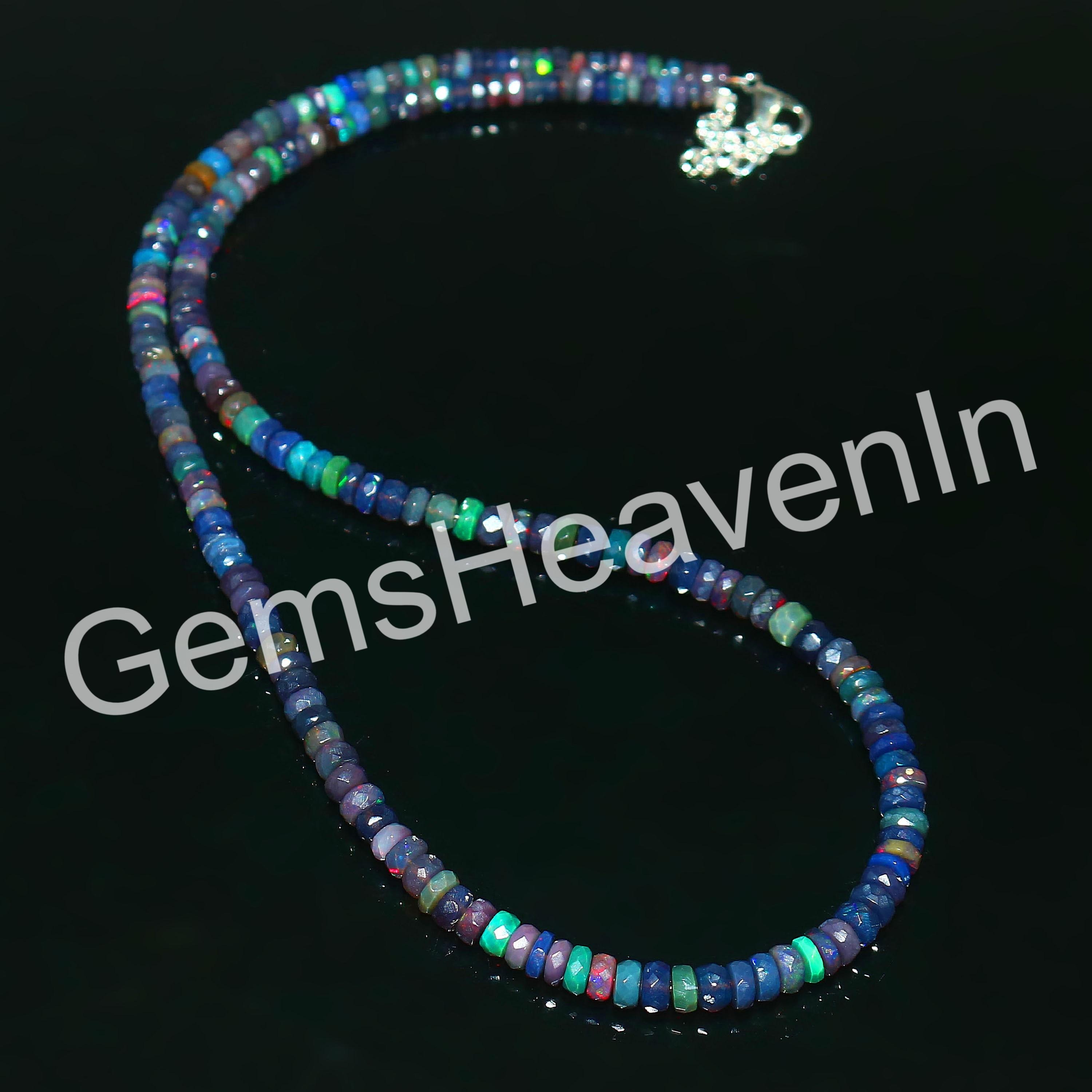 オパールビーズネックレス ファセット加工のエチオピア産オパールビーズネックレス：ブルー