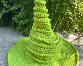 Neon Green Crochet Witch Hat: Twisted Halloween Costume, Adult Size