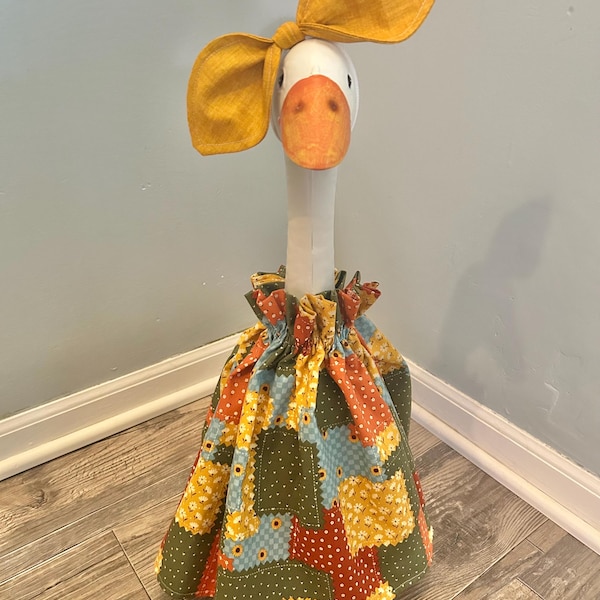 Fall Patchwork Porch Goose Dress and Knot Bow (Fits 19"-28" Goose)