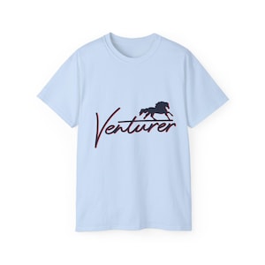 May include: Light blue t-shirt with a navy blue and red graphic of a horse running with the word "Venturer" in red and navy blue.