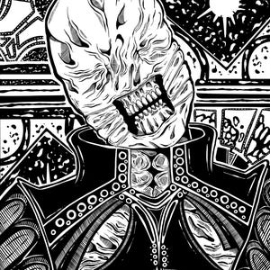 May include: Black and white illustration of a grotesque figure with a skull-like face and exposed teeth. The figure is wearing a detailed, ornate outfit. The background features geometric patterns, creating a stark contrast.