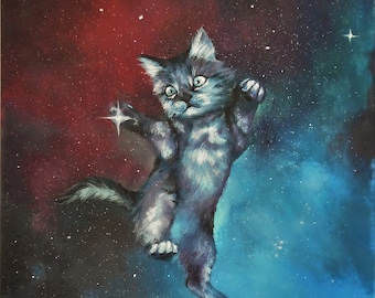 Space kitty original acrylic painting, cat in space, custom pet art, animal fantasy art, celestial art, galaxy painting, cat lover gift