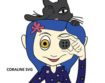 Könnte beinhalten: Cartoon-Illustration eines Mädchens mit blauen Haaren, das einen Knopf vor dem Auge hält, mit einer schwarzen Katze auf dem Kopf. Das Mädchen trägt ein dunkelblaues Hemd mit Sternenmustern. Der Text "CORALINE SVG" befindet sich unten links.