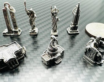 Ciondoli vintage in argento sterling .925 con simboli di New York, Washington D.C., World Trade Center, Stato della Libertà, Casa Bianca, Campidoglio