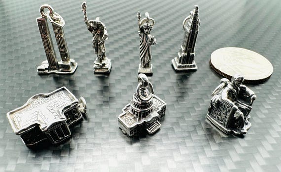 Vintage .925 Sterling Silver NYC Washington D.C. Landmark Charms Pendants, World Trade Center, State of Liberty, White House, Capitol