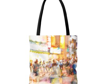 Tokyo 4 Way Shibuya Crossing Graphic Print Tote Bag (AOP), Silhouette Photo of Crowds in Tokyo, Long Exposure, Shopping Bag, Grocery Tote