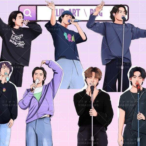 Singing BTS Kpop Korean Band Sublimation Design | 7 PNG illustration files | Printable Design | Cake toppers | Cliparts Digital Download