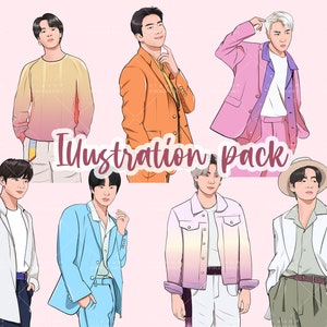 Diseño de sublimación de banda coreana Kpop / 7 archivos de ilustración PNG / Diseño imprimible de música / Descarga de arte digital / Descarga digital de imágenes prediseñadas