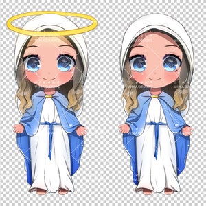 Maagd Maria Leuke Kawaii Chibi Clipart Illustratie Moeder Maria in anime Stijl, Maria Moeder van God, Kerstmis Sublimatie PNG Afdrukbaar Bestand