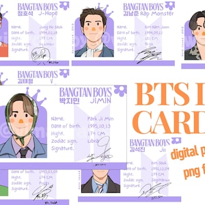 Druckbare niedliche ID-Karten Kpop koreanische Bangtan Jungengruppe Sublimation Design | 7 PNG-Illustrationsdateien | Lustiger BTS Mitgliedsausweis zum Ausdrucken