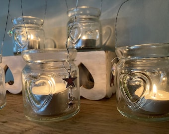 Hanging glass jar tea light holder, dinner party table decor, Perfect for Flowers, Candles or Lights. Fairytale Rustic Boho Wedding, rustic