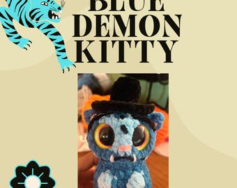 Low-Sew PDF CROCHET PATTERN Mini Blue Demon Kitty, Easy Crochet Pattern, Amigurumi Toy Crochet Pattern, Crochet Cat Pattern