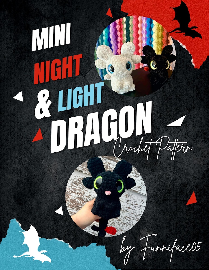 K&ouml;nnte beinhalten: Werbung f&uuml;r ein H&auml;kelmuster mit drei Mini-Drachen-Pl&uuml;schtieren. Der Text lautet "MINI NIGHT & LIGHT DRAGON Crochet Pattern". Ein Drache ist wei&szlig;, einer schwarz und einer wei&szlig; mit blauen Augen. Das Muster ist von Funniface05.